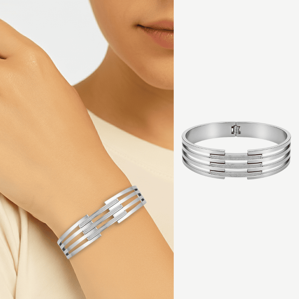 Kadın Çelik Bileklik - Kelepçe Tasarım - Dört Sıralı - Dar Model - Gümüş Renk - 1