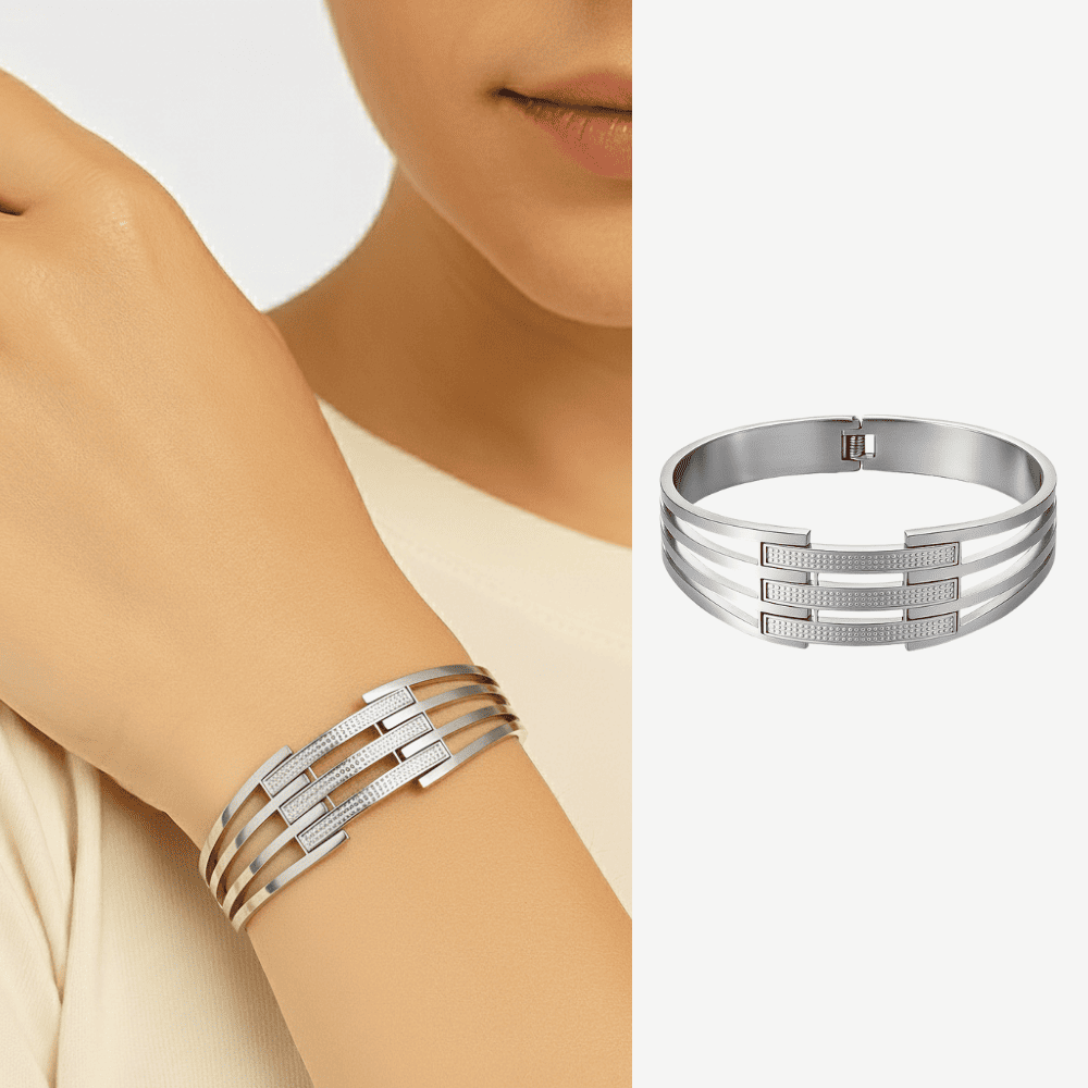 Kadın Çelik Bileklik - Kelepçe Tasarım - Dört Sıralı - Gümüş Renk - 1