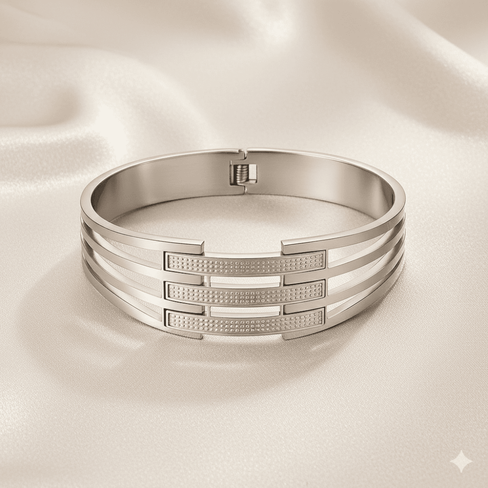 Kadın Çelik Bileklik - Kelepçe Tasarım - Dört Sıralı - Gümüş Renk - 3