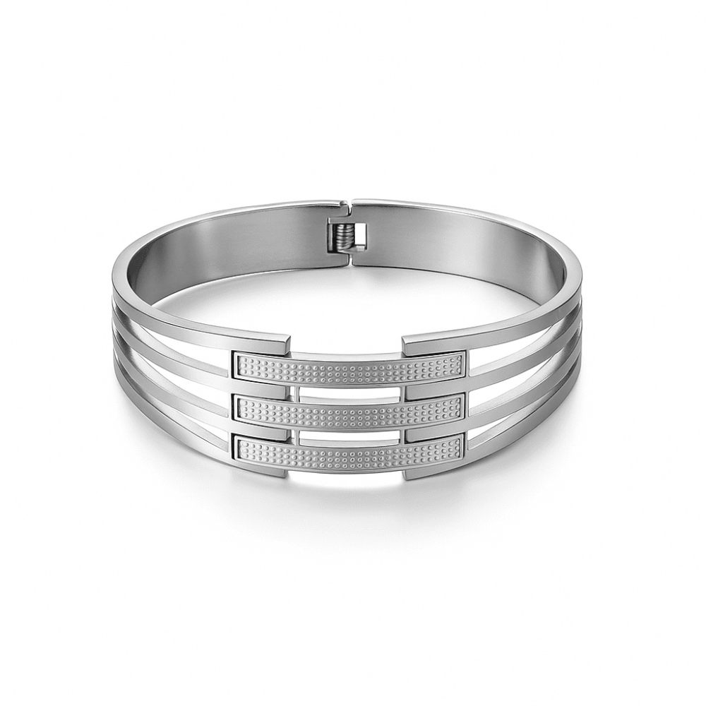 Kadın Çelik Bileklik - Kelepçe Tasarım - Dört Sıralı - Gümüş Renk - 4