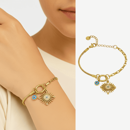 Kadın Çelik Bileklik - Snake Box Zincirli - Güneş Detaylı - Nazar Boncuğu Süslemeli - Altın Renk - Tesbihane
