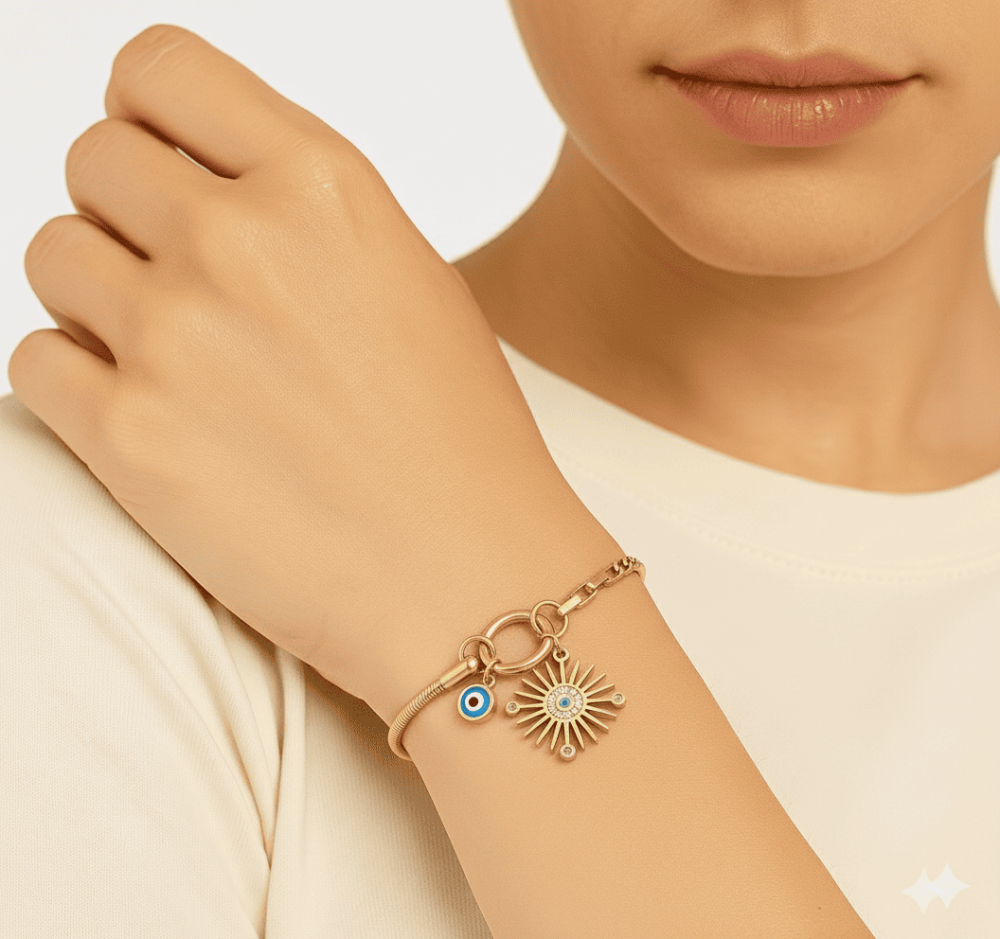 Kadın Çelik Bileklik - Snake Box Zincirli - Güneş Detaylı - Nazar Boncuğu Süslemeli - Altın Renk - 2