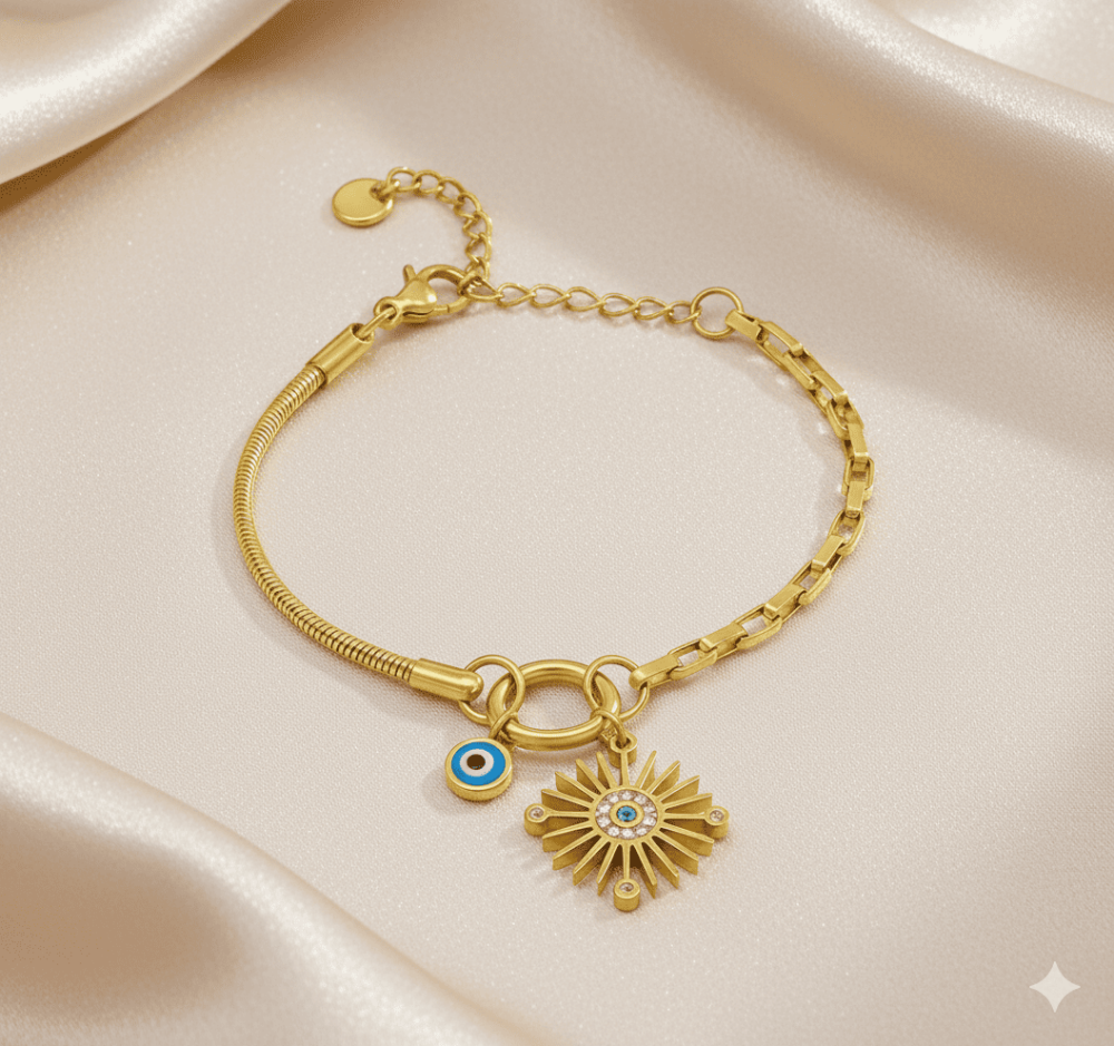 Kadın Çelik Bileklik - Snake Box Zincirli - Güneş Detaylı - Nazar Boncuğu Süslemeli - Altın Renk - 3