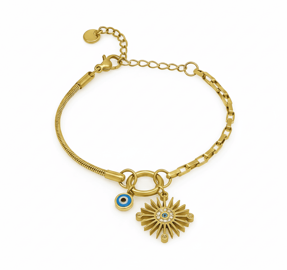 Kadın Çelik Bileklik - Snake Box Zincirli - Güneş Detaylı - Nazar Boncuğu Süslemeli - Altın Renk - 4