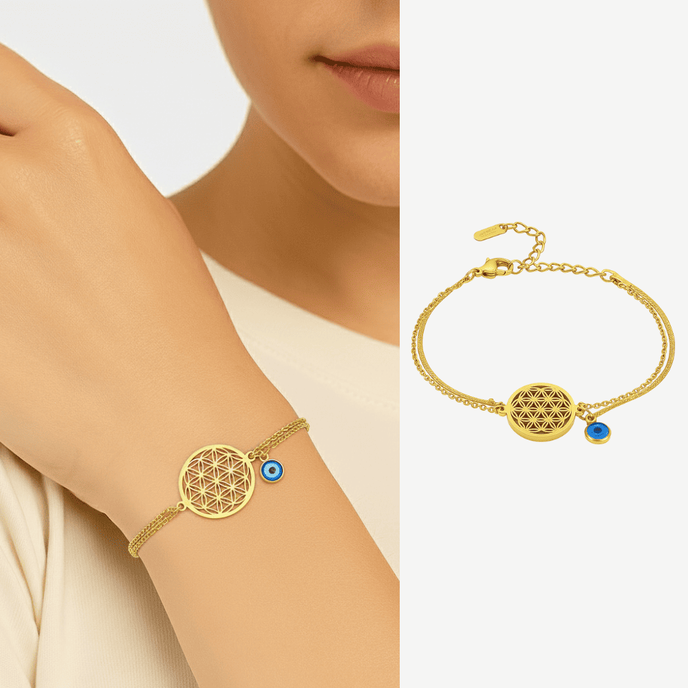 Kadın Çelik Bileklik - Snake Forsa Zincirli - Hayat Çiçeği Detaylı - Nazar Boncuklu - Altın Renk - 1