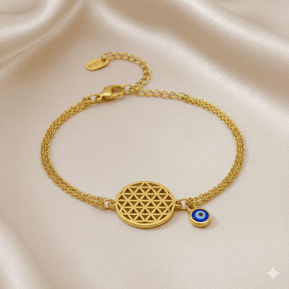 Kadın Çelik Bileklik - Snake Forsa Zincirli - Hayat Çiçeği Detaylı - Nazar Boncuklu - Altın Renk - 3