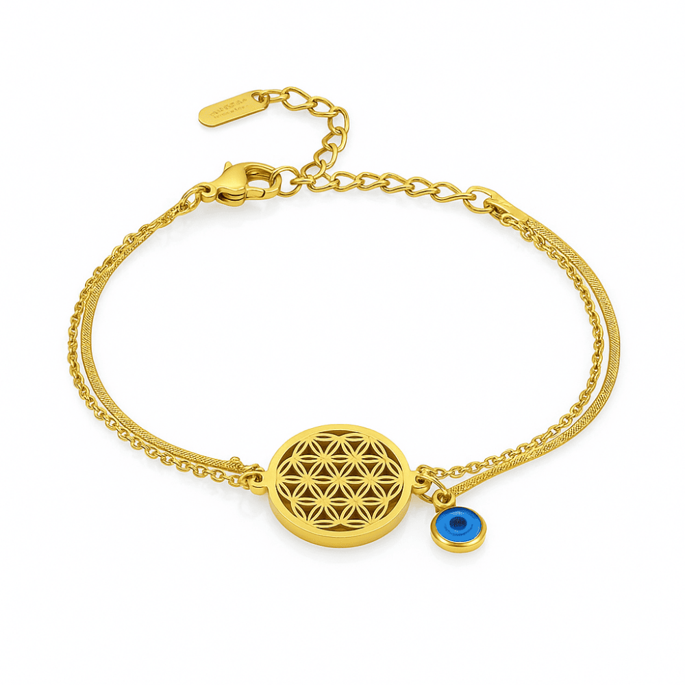 Kadın Çelik Bileklik - Snake Forsa Zincirli - Hayat Çiçeği Detaylı - Nazar Boncuklu - Altın Renk - 4