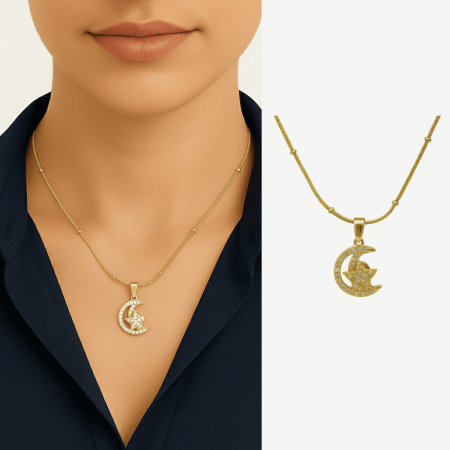 Kadın Çelik Kolye - Ay Yıldız Tasarım - Beyaz Zirkon Taşlı - Stres Çarkı Model - Altın Renk - Tesbihane