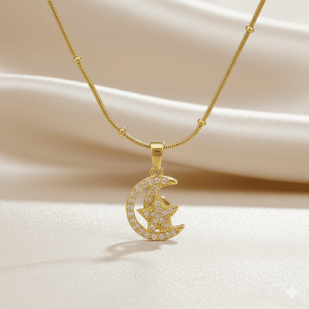 Kadın Çelik Kolye - Ay Yıldız Tasarım - Beyaz Zirkon Taşlı - Stres Çarkı Model - Altın Renk - 3