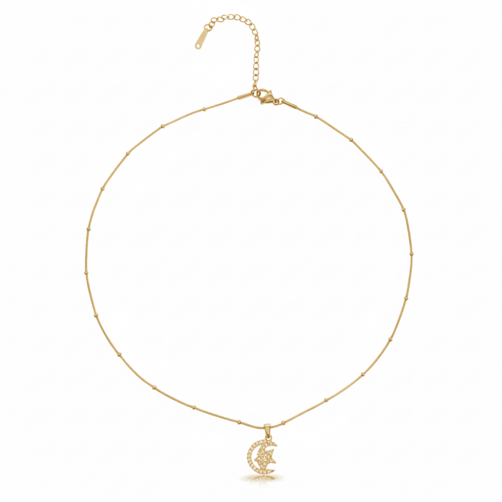 Kadın Çelik Kolye - Ay Yıldız Tasarım - Beyaz Zirkon Taşlı - Stres Çarkı Model - Altın Renk - 5