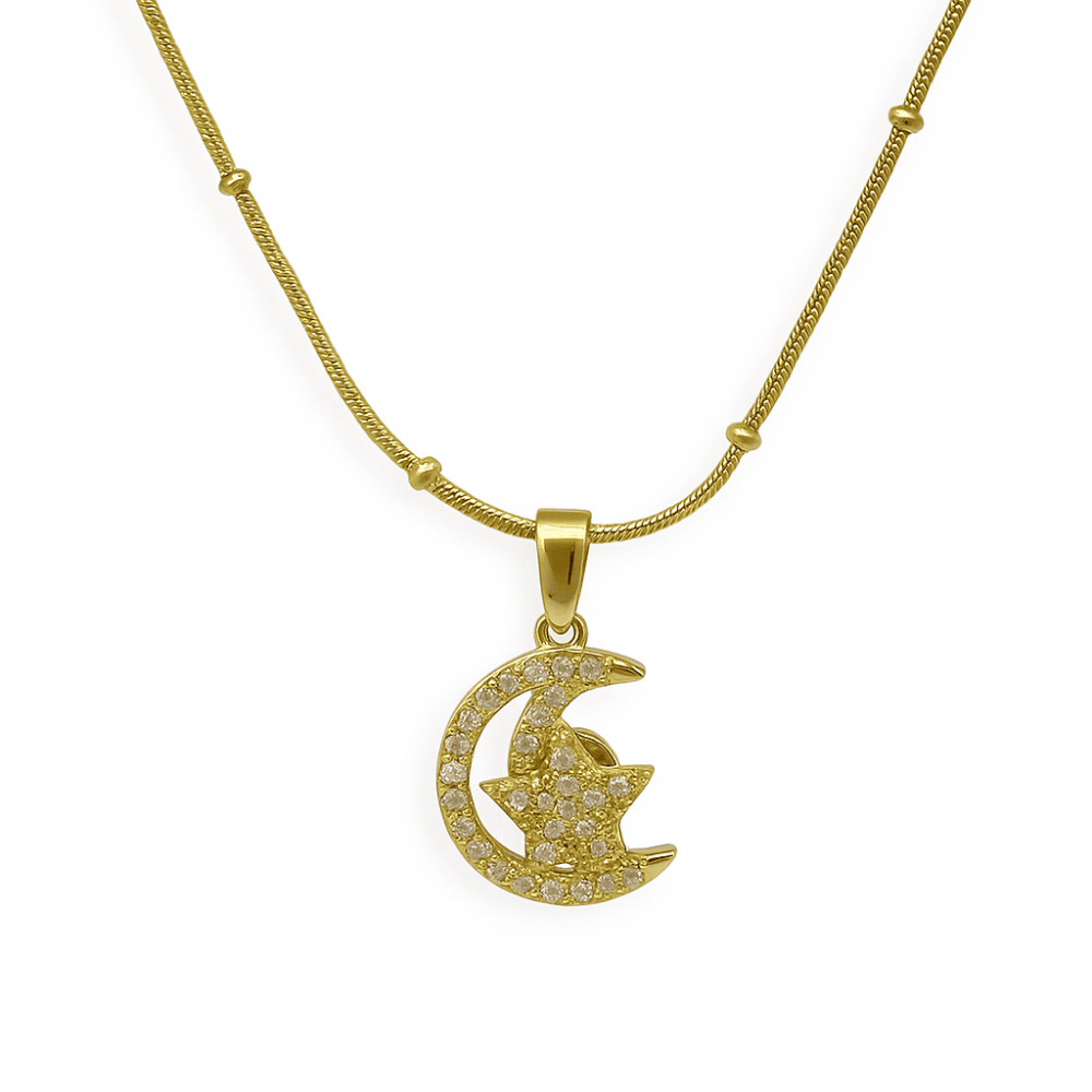 Kadın Çelik Kolye - Ay Yıldız Tasarım - Beyaz Zirkon Taşlı - Stres Çarkı Model - Altın Renk - 4
