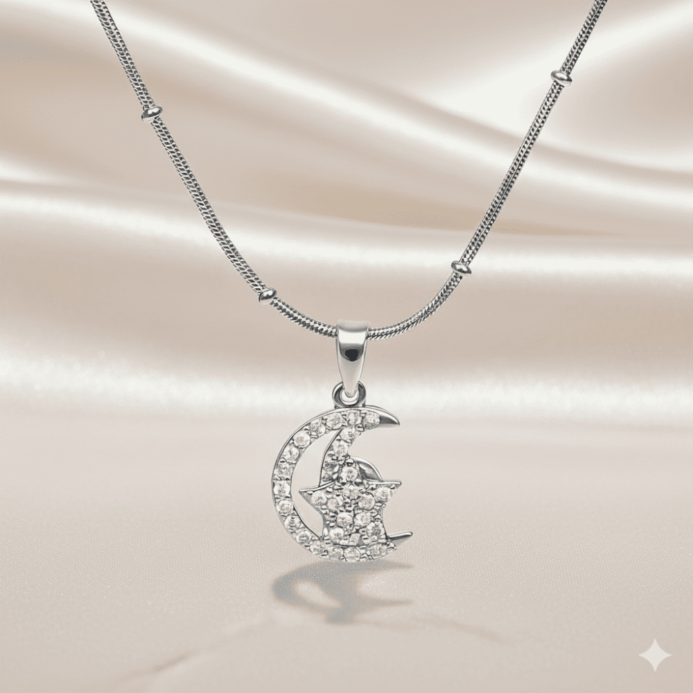 Kadın Çelik Kolye - Ay Yıldız Tasarım - Beyaz Zirkon Taşlı - Stres Çarkı Model - Gümüş Renk - 3