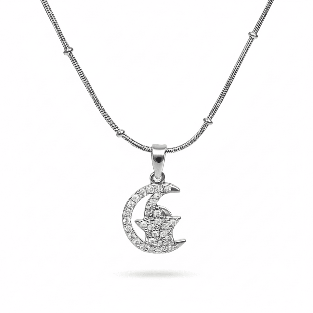 Kadın Çelik Kolye - Ay Yıldız Tasarım - Beyaz Zirkon Taşlı - Stres Çarkı Model - Gümüş Renk - 4