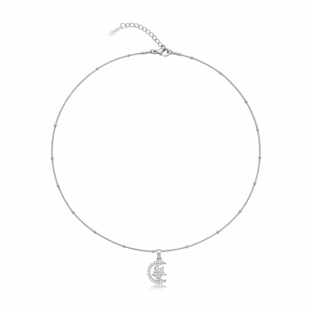 Kadın Çelik Kolye - Ay Yıldız Tasarım - Beyaz Zirkon Taşlı - Stres Çarkı Model - Gümüş Renk - 5