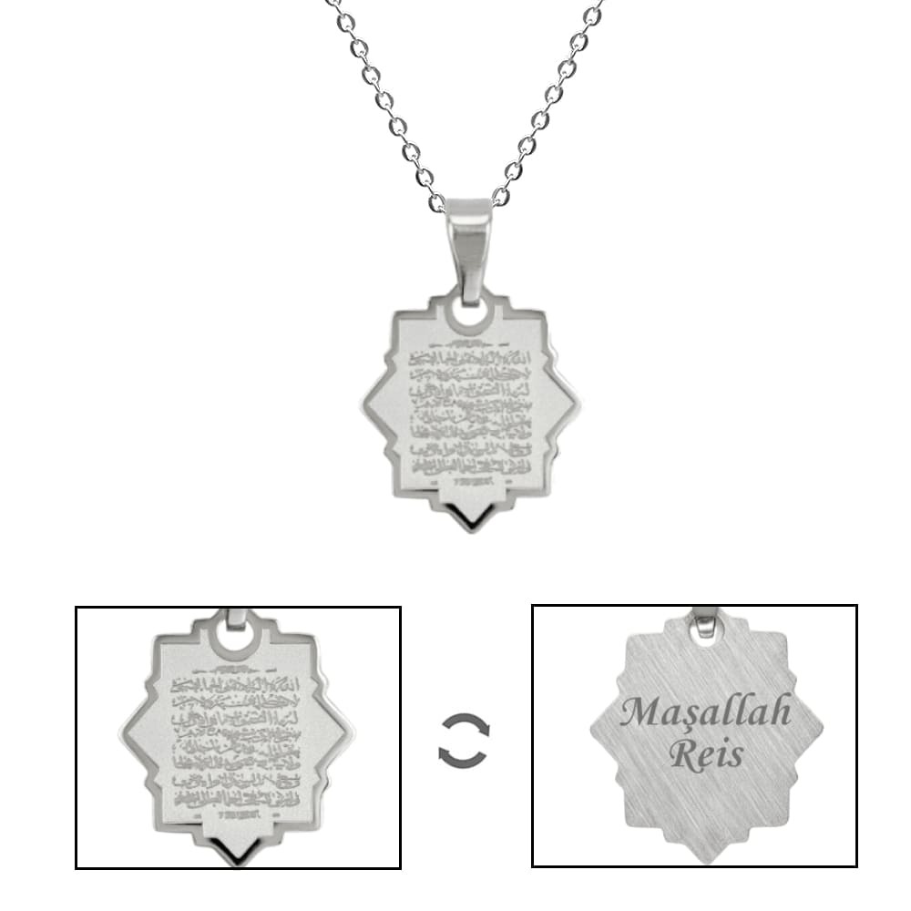 Kadın Çelik Kolye - Ayetel Kürsi Yazılı - Kişiye Özel - Gümüş Renk - Yıldız Tasarım - 45 cm - 5