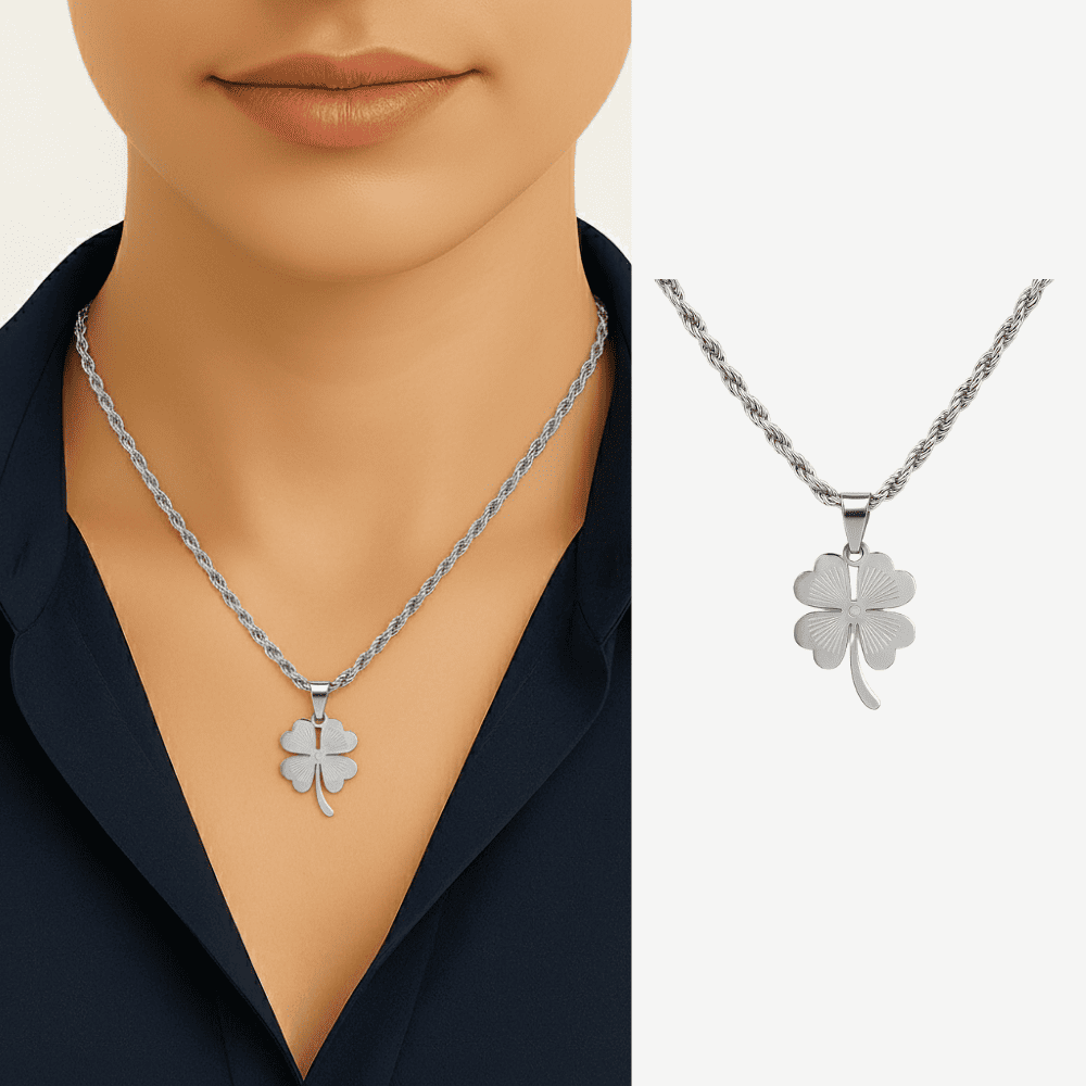 Kadın Çelik Kolye - Burma Model Zincirli - Yonca Yaprağı Tasarım - Gümüş Renk - 1