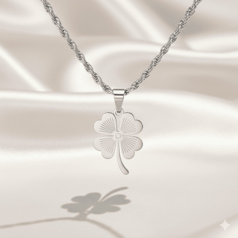 Kadın Çelik Kolye - Burma Model Zincirli - Yonca Yaprağı Tasarım - Gümüş Renk - 3