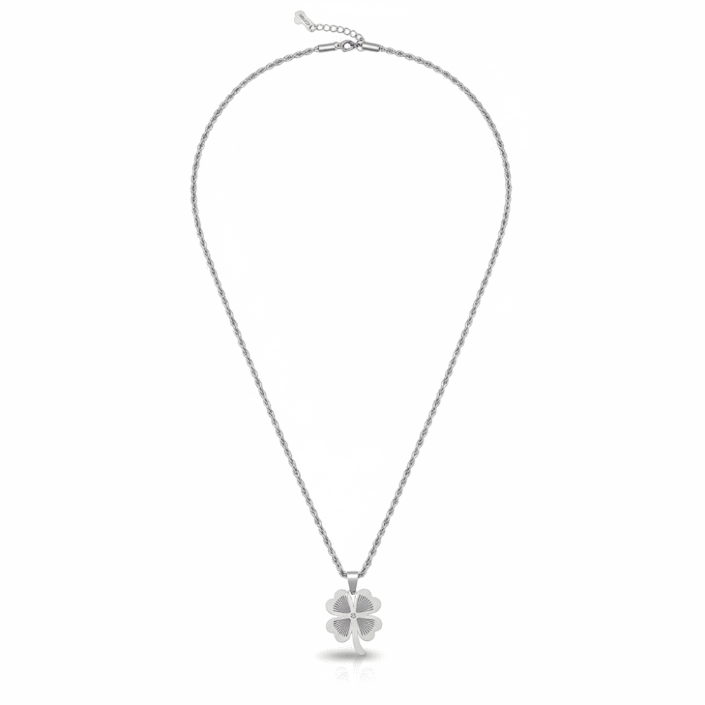 Kadın Çelik Kolye - Burma Model Zincirli - Yonca Yaprağı Tasarım - Gümüş Renk - 5