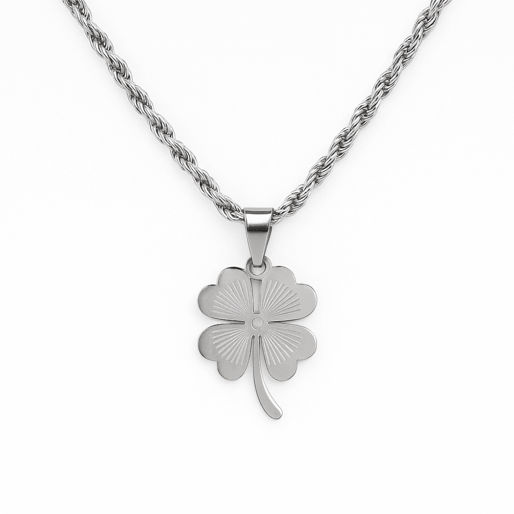 Kadın Çelik Kolye - Burma Model Zincirli - Yonca Yaprağı Tasarım - Gümüş Renk - 4