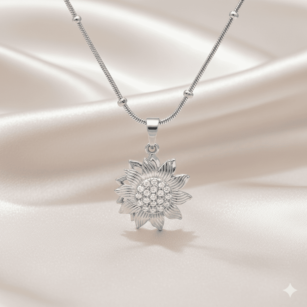 Kadın Çelik Kolye - Güne Bakan Tasarım - Beyaz Zirkon Taşlı - Stres Çarkı Model - Gümüş Renk - 3