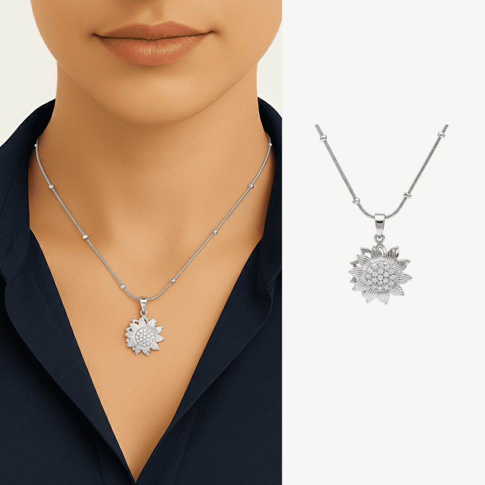 Kadın Çelik Kolye - Güne Bakan Tasarım - Beyaz Zirkon Taşlı - Stres Çarkı Model - Gümüş Renk - 1