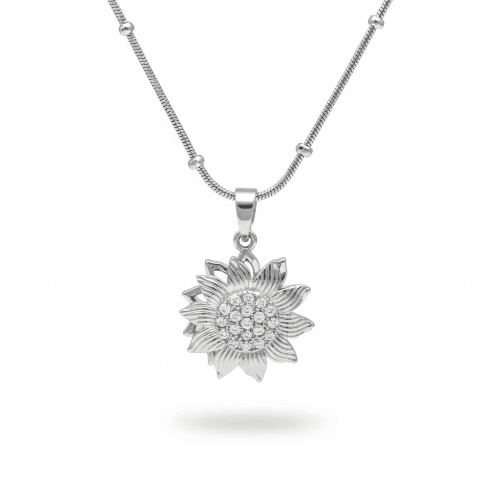 Kadın Çelik Kolye - Güne Bakan Tasarım - Beyaz Zirkon Taşlı - Stres Çarkı Model - Gümüş Renk - 4