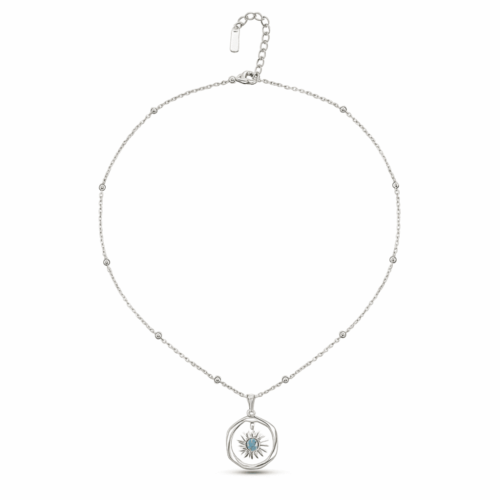 Kadın Çelik Kolye - Halka Tasarım - Firuze Taşlı - Gümüş Renk - 5