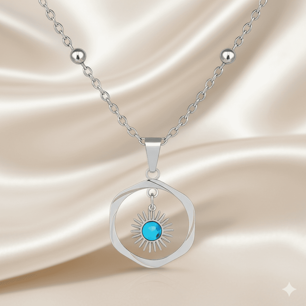 Kadın Çelik Kolye - Halka Tasarım - Firuze Taşlı - Gümüş Renk - 3