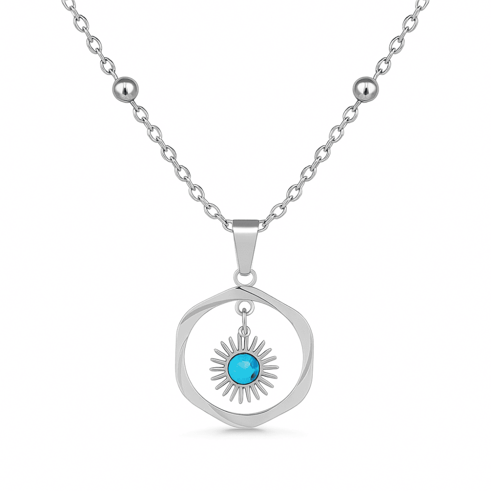 Kadın Çelik Kolye - Halka Tasarım - Firuze Taşlı - Gümüş Renk - 4