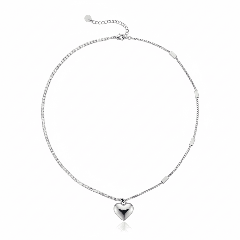 Kadın Çelik Kolye - İsme Özel Yazılı - Kalp Tasarım - Beyaz Zirkon Taşlı - Gümüş Renk - 5
