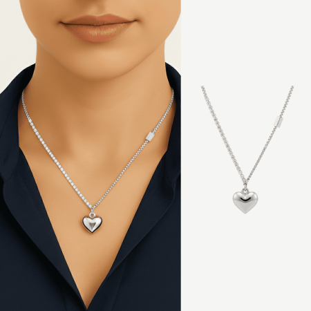 Kadın Çelik Kolye - İsme Özel Yazılı - Kalp Tasarım - Beyaz Zirkon Taşlı - Gümüş Renk - Tesbihane