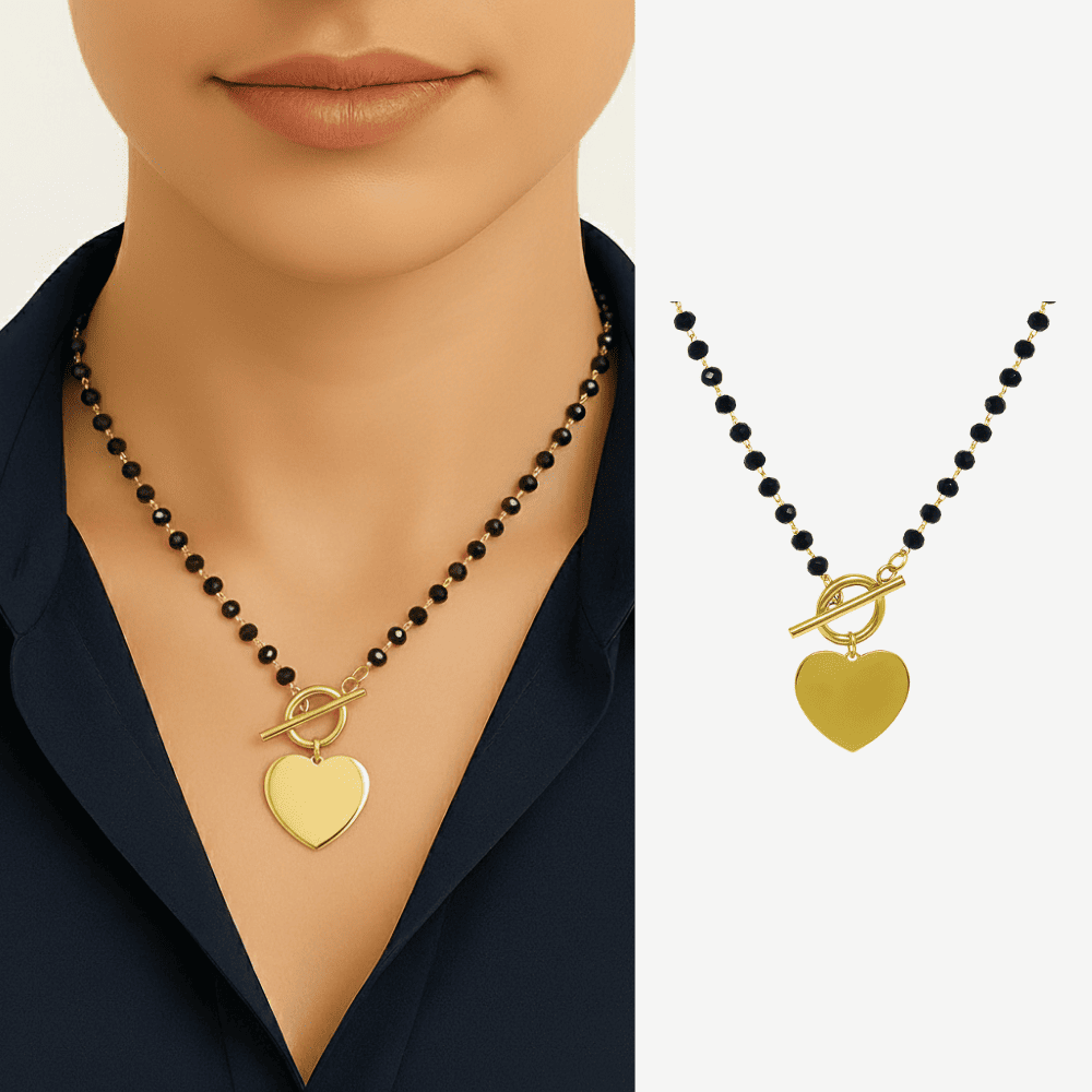 Kadın Çelik Kolye - İsme Özel Yazılı - Kalp Tasarım - Siyah Zirkon Taşlı - Altın Renk - 1