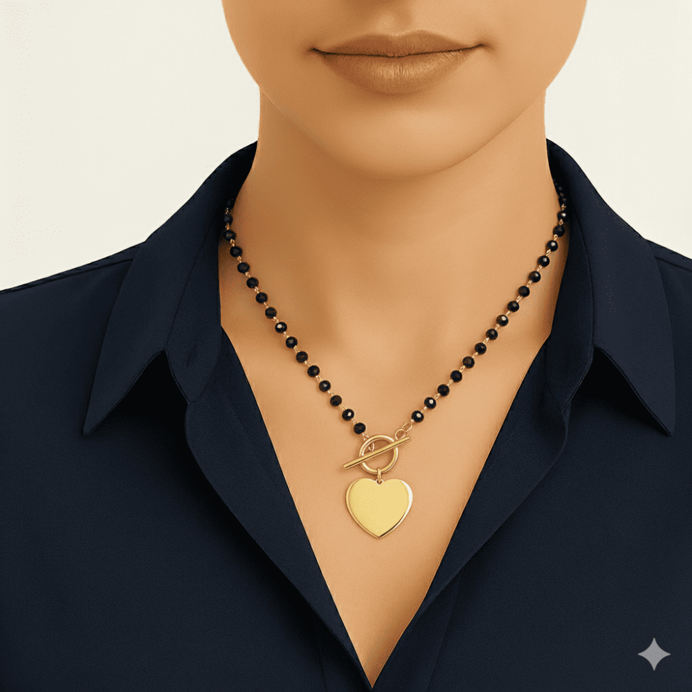 Kadın Çelik Kolye - İsme Özel Yazılı - Kalp Tasarım - Siyah Zirkon Taşlı - Altın Renk - 2