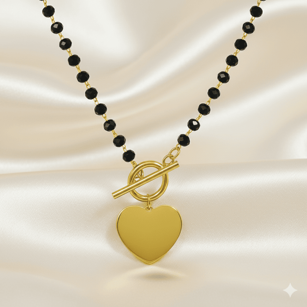 Kadın Çelik Kolye - İsme Özel Yazılı - Kalp Tasarım - Siyah Zirkon Taşlı - Altın Renk - 3