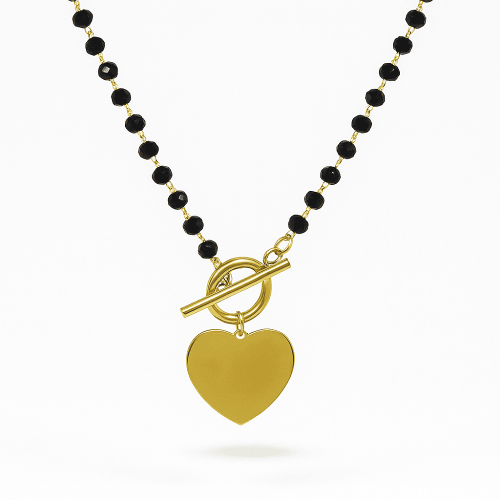 Kadın Çelik Kolye - İsme Özel Yazılı - Kalp Tasarım - Siyah Zirkon Taşlı - Altın Renk - 4