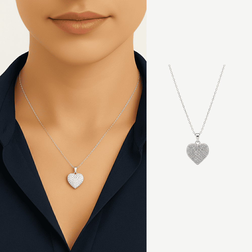 Kadın Çelik Kolye - Kalp Tasarım - Beyaz Zirkon Taşlı - Gümüş Renk - 1
