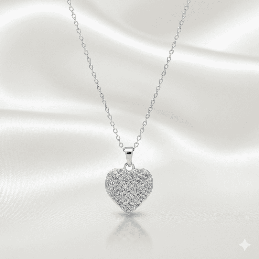 Kadın Çelik Kolye - Kalp Tasarım - Beyaz Zirkon Taşlı - Gümüş Renk - 3