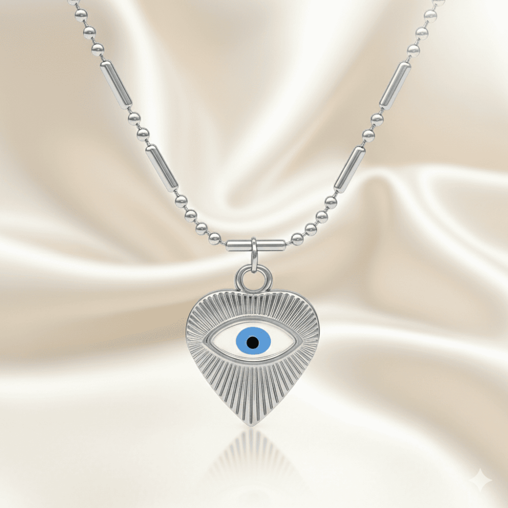 Kadın Çelik Kolye - Kalp Tasarım - Göz Detaylı - Gümüş Renk - 3