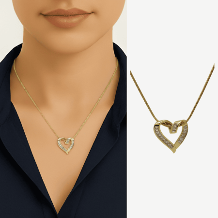 Kadın Çelik Kolye - Kalp Tasarım - Snake Zincirli - Beyaz Zirkon Taşlı - Altın Renk - Tesbihane