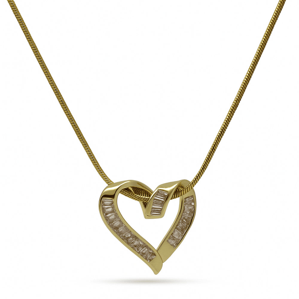 Kadın Çelik Kolye - Kalp Tasarım - Snake Zincirli - Beyaz Zirkon Taşlı - Altın Renk - 4