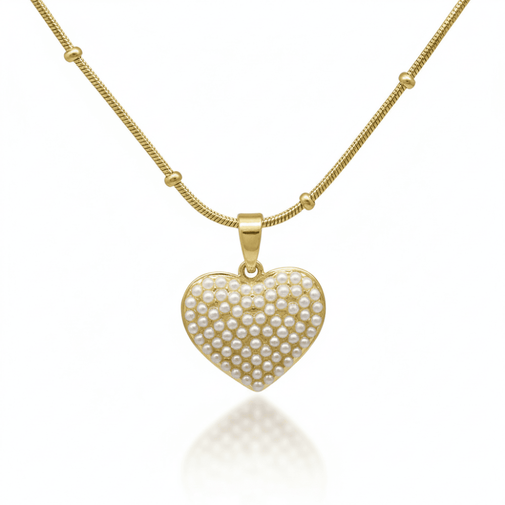 Kadın Çelik Kolye - Kalp Tasarım - Toplu Snake Zincirli - İnci Taşlı - Altın Renk - 4