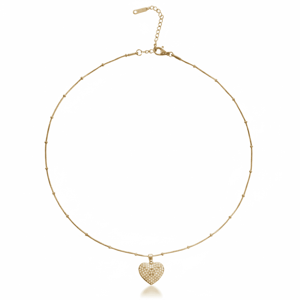 Kadın Çelik Kolye - Kalp Tasarım - Toplu Snake Zincirli - İnci Taşlı - Altın Renk - 5