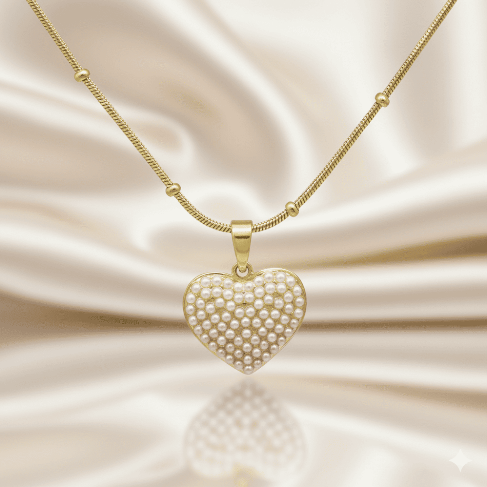 Kadın Çelik Kolye - Kalp Tasarım - Toplu Snake Zincirli - İnci Taşlı - Altın Renk - 3