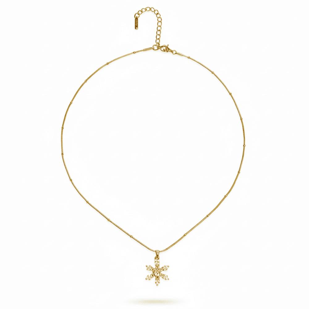 Kadın Çelik Kolye - Kar Tanesi Tasarım - Beyaz Zirkon Taşlı - Stres Çarkı Model - Altın Renk - 5