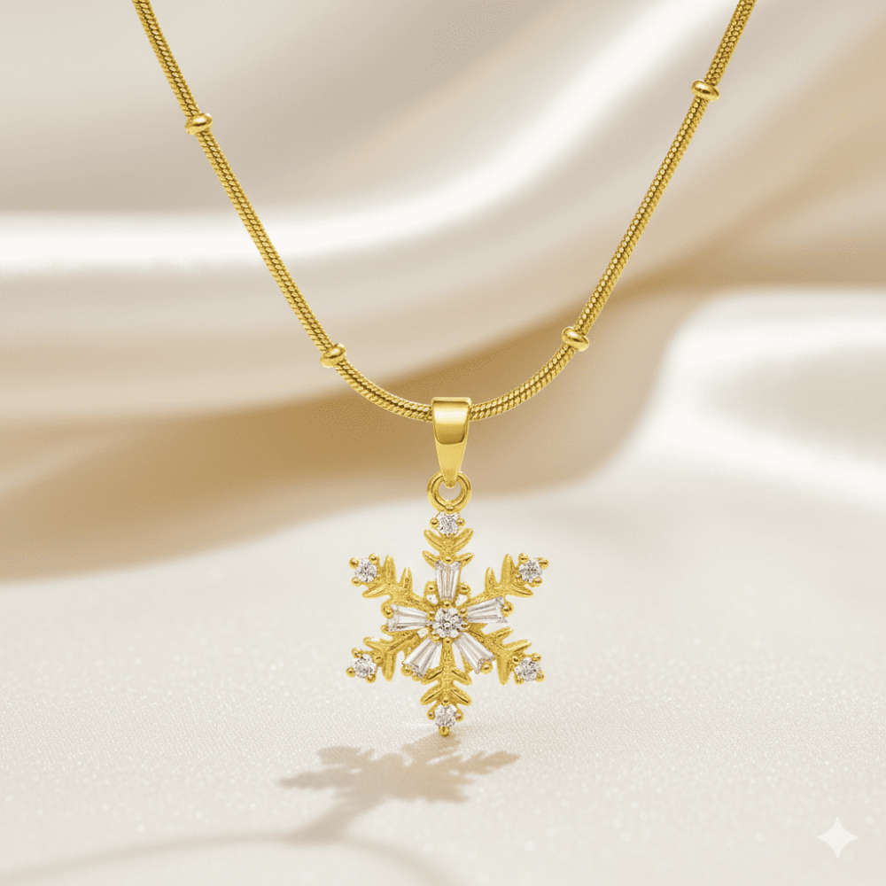 Kadın Çelik Kolye - Kar Tanesi Tasarım - Beyaz Zirkon Taşlı - Stres Çarkı Model - Altın Renk - 3