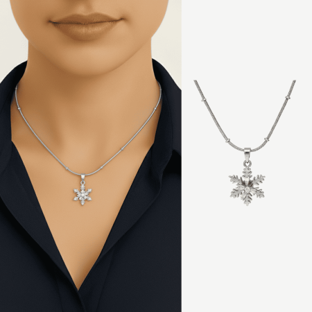 Kadın Çelik Kolye - Kar Tanesi Tasarım - Beyaz Zirkon Taşlı - Stres Çarkı Model - Gümüş Renk - Tesbihane