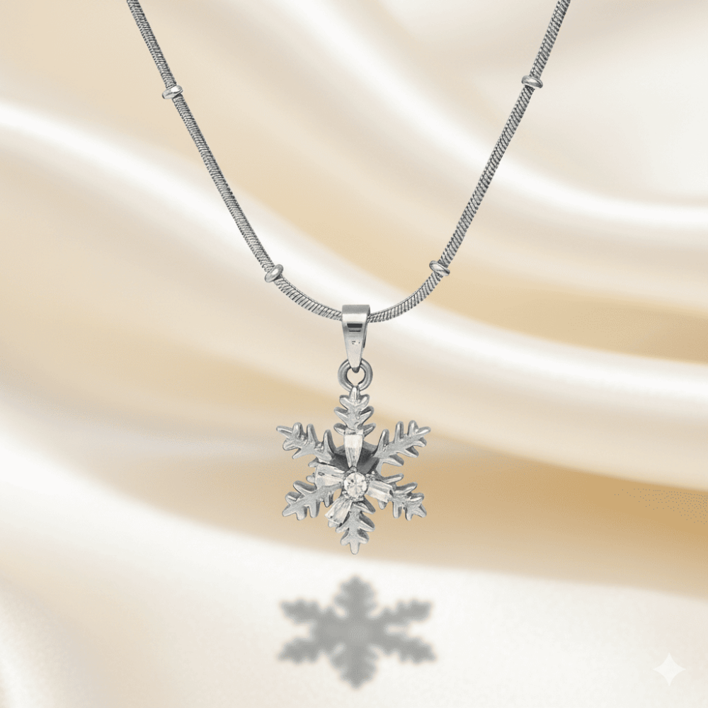 Kadın Çelik Kolye - Kar Tanesi Tasarım - Beyaz Zirkon Taşlı - Stres Çarkı Model - Gümüş Renk - 3
