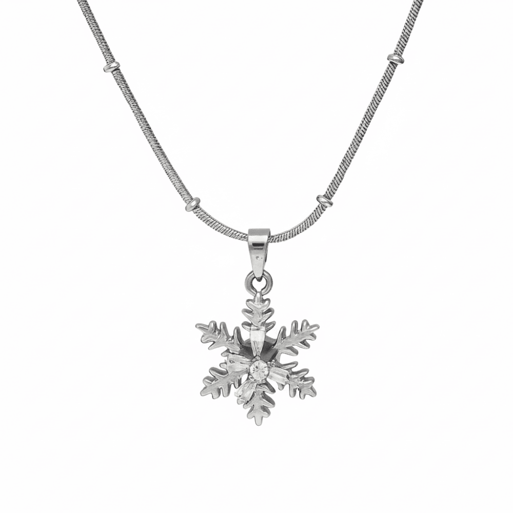 Kadın Çelik Kolye - Kar Tanesi Tasarım - Beyaz Zirkon Taşlı - Stres Çarkı Model - Gümüş Renk - 4