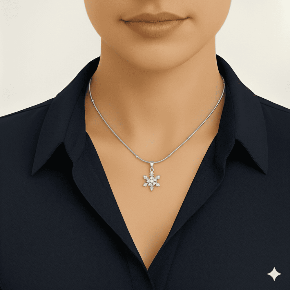 Kadın Çelik Kolye - Kar Tanesi Tasarım - Beyaz Zirkon Taşlı - Stres Çarkı Model - Gümüş Renk - 2