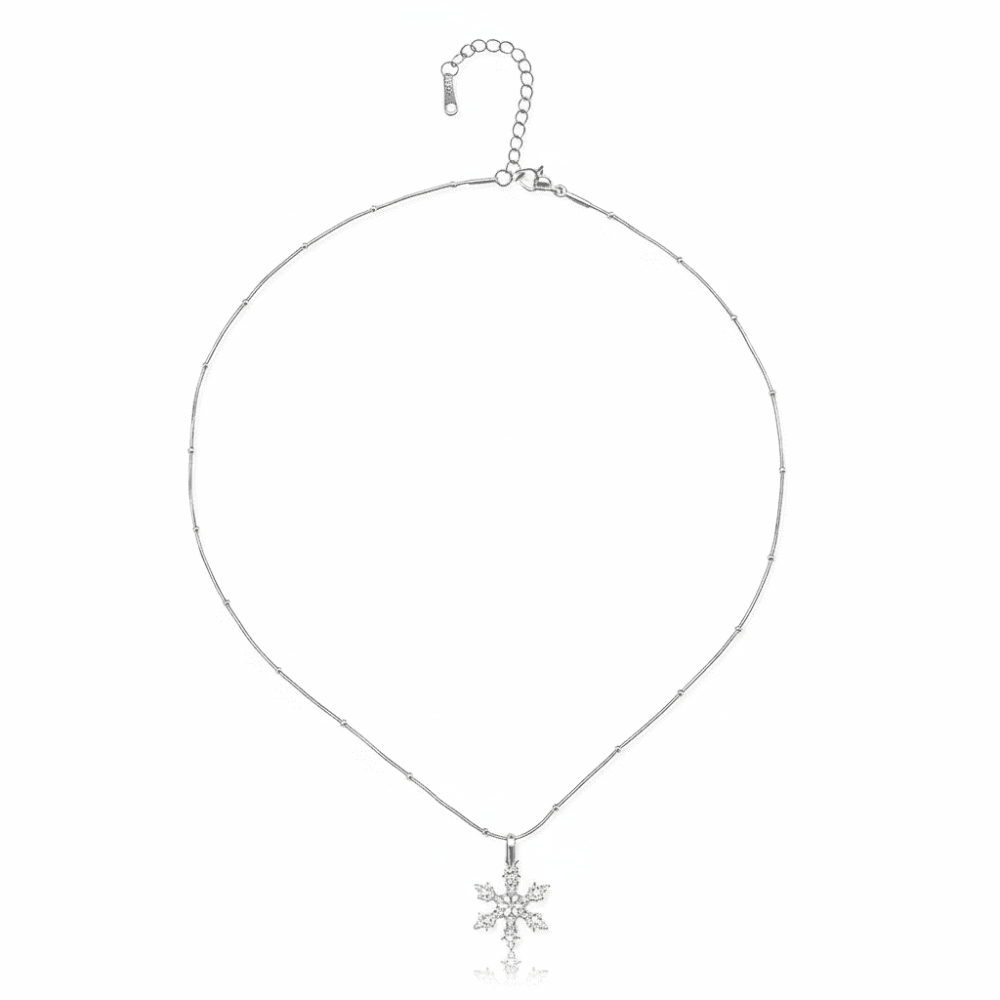 Kadın Çelik Kolye - Kar Tanesi Tasarım - Beyaz Zirkon Taşlı - Stres Çarkı Model - Gümüş Renk - 5